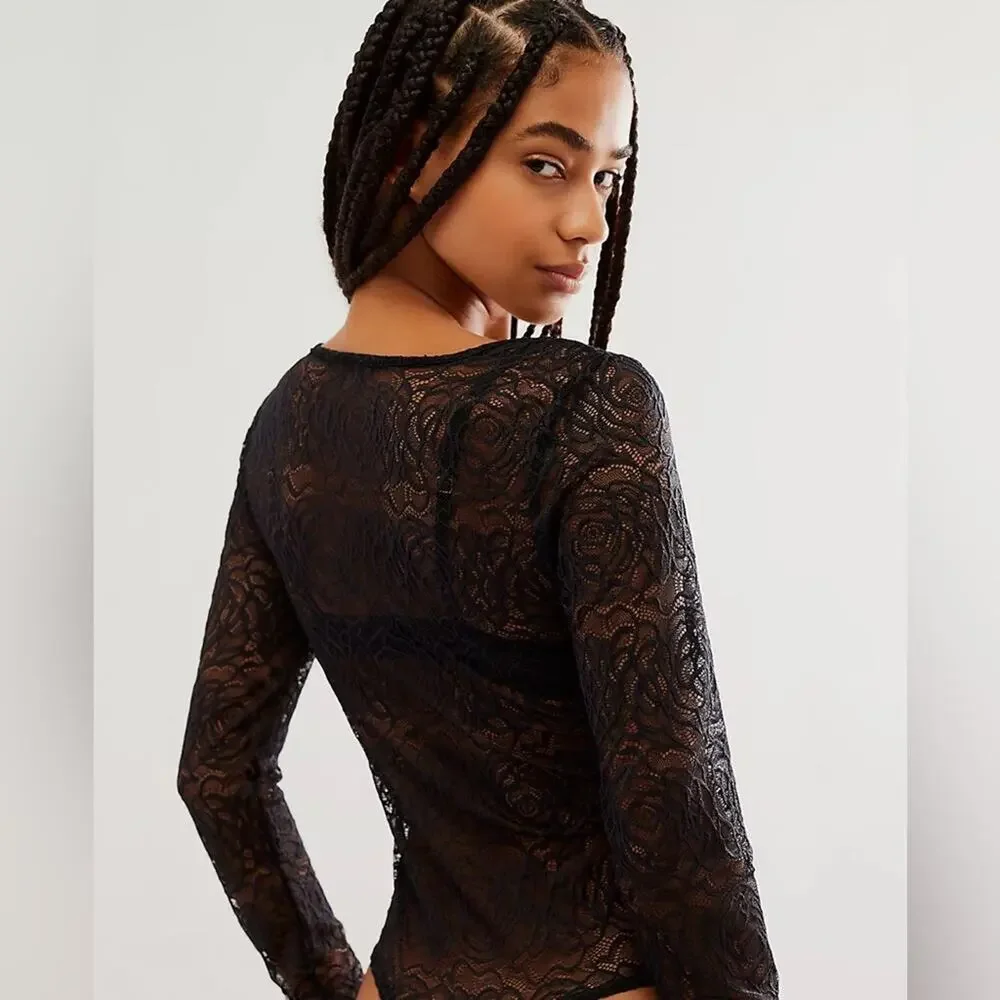 Free People Black Lace In My Head Bodysuit